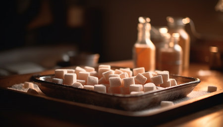 Indulgent homemade dessert: chocolate cube atop sweet sugar heap generated by artificial intelligenceの素材