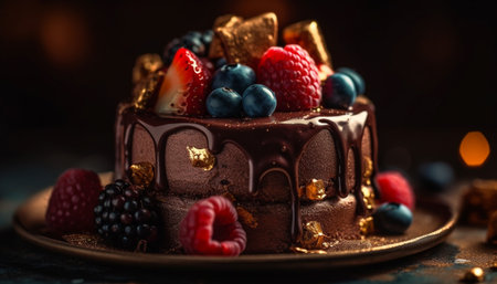 Indulgent chocolate cheesecake with raspberry and strawberry decoration on plate generated by artificial intelligenceの素材