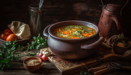 A rustic bowl of homemade vegetable soup, cooked with beef generated by artificial intelligenceの素材