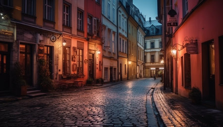 The old town narrow cobblestone footpath illuminated by lanterns generated by artificial intelligenceの素材