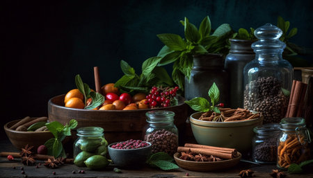 Fresh organic fruit and herb bowl with spicy seasoning variation generated by artificial intelligenceの素材