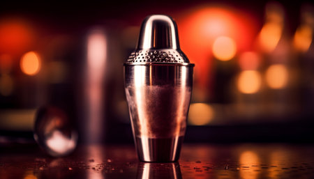 A shiny metallic cocktail glass reflects the dark bar lighting generated by artificial intelligenceの素材