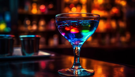 A wet martini glass reflects blue lighting in elegant bar generated by artificial intelligenceの素材