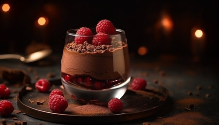 Indulgent berry parfait with fresh fruit, chocolate, and mascarpone cheese generated by artificial intelligenceの素材