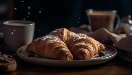 A gourmet French meal with croissants, coffee, and dessert generated by artificial intelligenceの素材