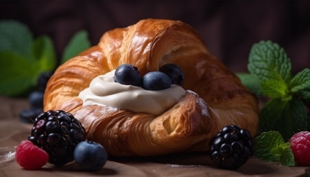 A gourmet blueberry croissant, baked with fresh berries and pastry dough generated by artificial intelligenceの素材