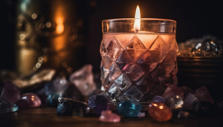 A glowing yellow flame illuminates the dark, reflecting on crystal generated by artificial intelligenceの素材