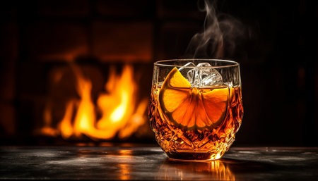 A burning flame ignites the whiskey, creating a fiery drink generated by artificial intelligenceの素材