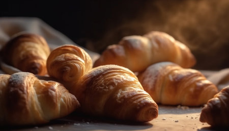 French gourmet pastry: a buttery croissant on a rustic plate generated by artificial intelligenceの素材
