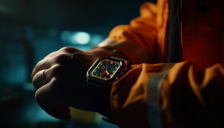 Successful businessman waiting outdoors, checking smart watch in modern city generated by artificial intelligenceの素材