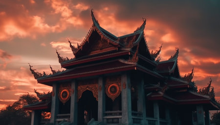 The majestic pagoda roof glows gold in the dramatic sunset generated by artificial intelligenceの素材