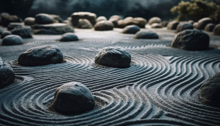 A spiral of wet pebbles in a row on coastline generated by artificial intelligenceの素材