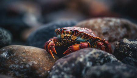 Sally Lightfoot crab claw grabs fresh seafood on rocky coastline generated by artificial intelligenceの素材