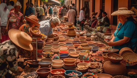 Indigenous craftspersons selling multi colored pottery at street market souvenir shops generated by artificial intelligenceの素材