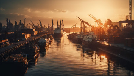 Industrial ship unloading cargo containers at commercial dock at dusk generated by artificial intelligenceの素材