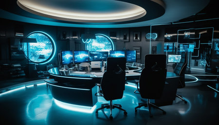 A modern office with blue lighting equipment and computer monitors generated by artificial intelligenceの素材