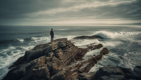 A young adult walks in solitude, finding inspiration in nature generated by artificial intelligence.の素材