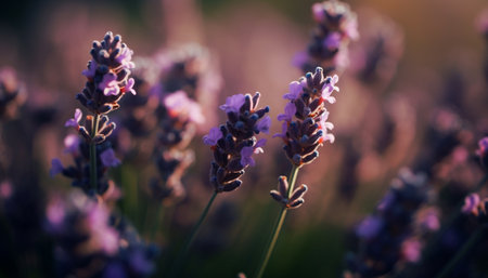 The vibrant purple wildflower blossoms in the meadow at dusk generated by artificial intelligenceの素材