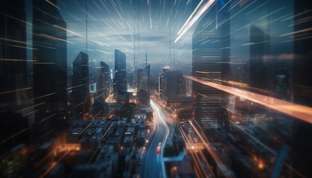 Blurred motion illuminates futuristic city skyline during rush hour traffic generated by artificial intelligenceの素材