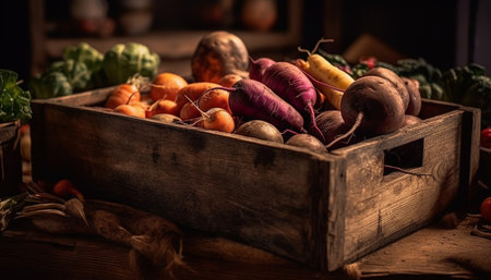 A rustic wooden crate holds a healthy vegetable gift basket generated by artificial intelligenceの素材
