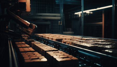 Metalworkers use flame to cut steel on conveyor belt indoors generated by artificial intelligenceの素材