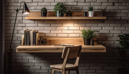 Modern office design with brick wall, comfortable chair, and computer generated by artificial intelligenceの素材