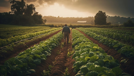 A farmer holding fresh vegetables, working outdoors in the summer generated by artificial intelligenceの素材