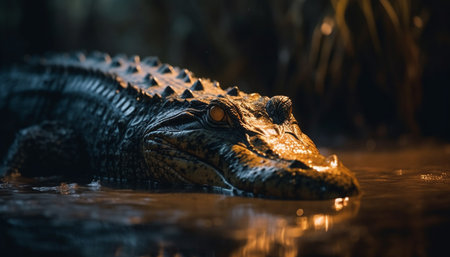 Close up of dangerous crocodile teeth in wet tropical swamp generated by artificial intelligenceの素材