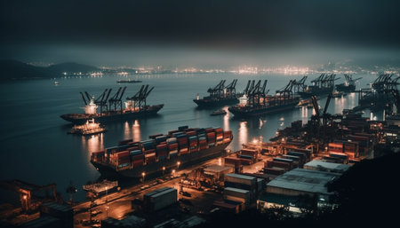 Metal machinery unloading cargo containers at illuminated commercial dock generated by artificial intelligenceの素材