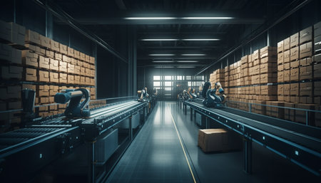 Men working in a modern factory with automated machinery and equipment generated by artificial intelligenceの素材