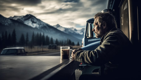 Senior man driving through winter landscape, seeking solitude and relaxation generated by artificial intelligenceの素材
