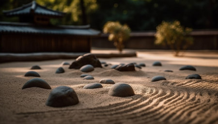 Tranquil coastline blue water, pebble beach, and rocky landscape generated by artificial intelligenceの素材