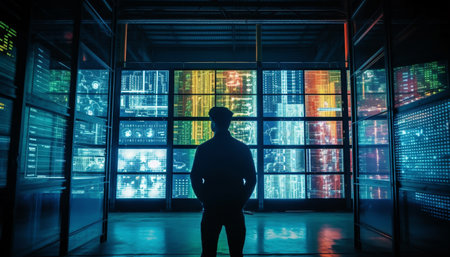 A successful young businessman walking through a futuristic illuminated cityscape generated by artificial intelligenceの素材
