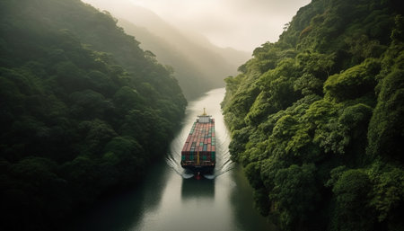 A heavy tanker carrying cargo containers navigates the wet canal generated by artificial intelligenceの素材