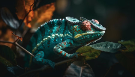 Vibrant gecko perching on leaf, a beauty in nature portrait generated by artificial intelligenceの素材