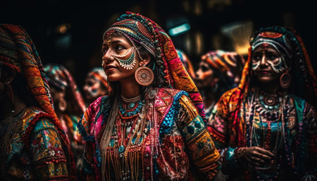 A joyful celebration of Indian culture with colorful clothing and dancing generated by artificial intelligenceの素材