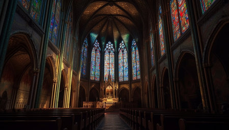 Inside the majestic Gothic basilica, stained glass illuminates ancient history generated by artificial intelligenceの素材