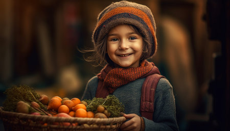 A cute, smiling child holds a basket of fresh vegetables generated by artificial intelligenceの素材