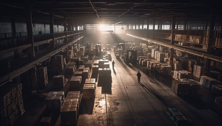 A crowded warehouse with men working, steel equipment, and machinery generated by artificial intelligenceの素材