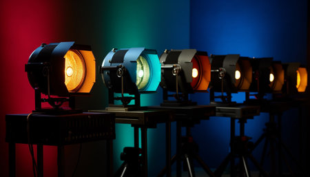 Electricity illuminates modern film studio with strobe lights and reflectors generated by artificial intelligenceの素材