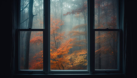 Yellow leaves fall, revealing a spooky forest mystery outdoors generated by artificial intelligenceの素材