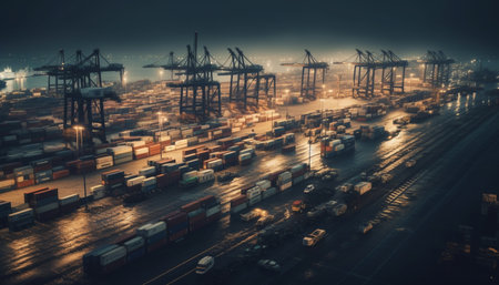 Container ship carrying cargo illuminates commercial dock at dusk outdoors generated by artificial intelligenceの素材