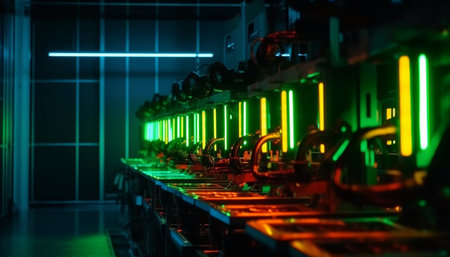 Futuristic factory uses modern technology to manufacture glowing semiconductor chips generated by artificial intelligenceの素材