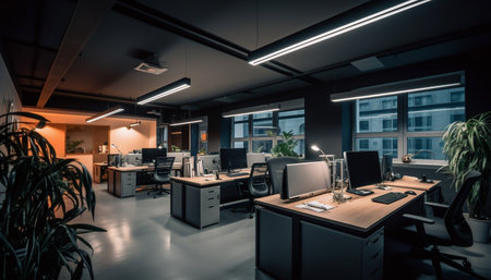 New business construction industry designs modern corporate office indoors at night generated by artificial intelligenceの素材