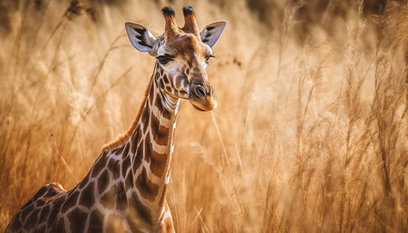 Endangered giraffe standing in African savannah, looking at camera generated by artificial intelligenceの素材