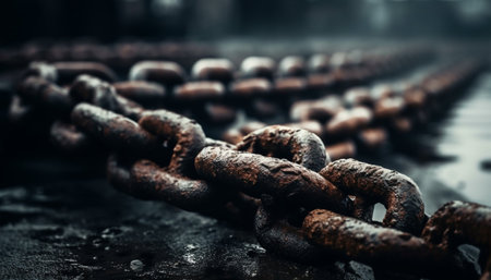 Rusty steel chain attached to nautical vessel for shipping security generated by artificial intelligenceの素材