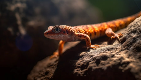 Multi colored gecko on branch, close up of beautiful animal eye generated by artificial intelligenceの素材