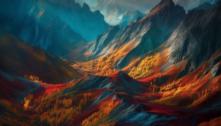 Majestic mountain range in autumn, a tranquil beauty in nature generated by artificial intelligenceの素材