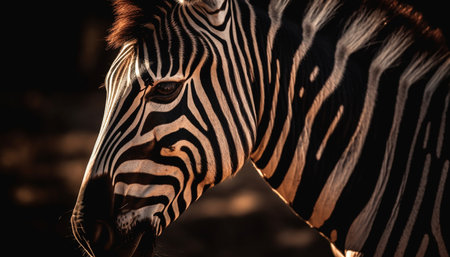 Close up portrait of elegant zebra, grazing on African savannah generated by artificial intelligenceの素材