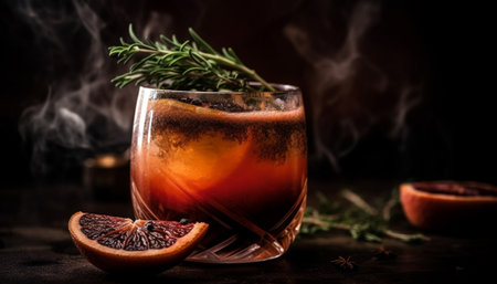 A refreshing citrus cocktail on a rustic wooden table, ice cold generated by artificial intelligenceの素材